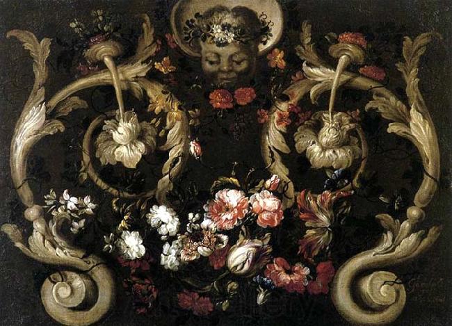 CORTE, Gabriel de la. Grotesques with Flowers Norge oil painting art